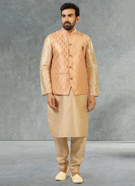 Peach Colour New Festive Wear Jacquard Banarasi Silk Digital Print Kurta Pajama With Jacket Mens Collection 1058